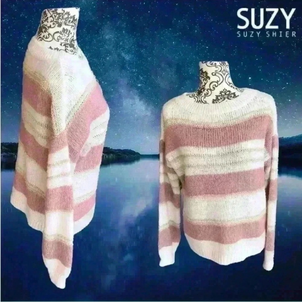 Suzy Shier Pink and White Striped Crew Neck Sweater - Picture 6 of 9
